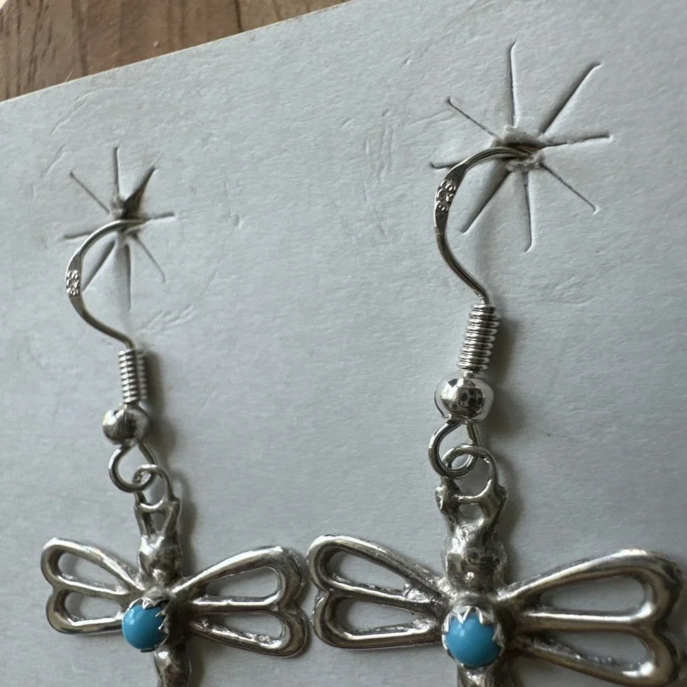 VTG Native‎ American Dragonfly Earrings 1.5 Inch Turquoise 925 Sterling 2.5g New